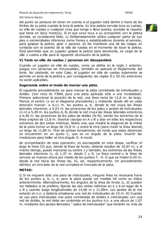 Modulo de deportes de implemento. Tenis. TAFAD 
IES Victorio Macho 
del punto se produce sin tener en cuenta si el jugador está dentro o fuera de los 
límites de su pista cuando le toca la pelota. b) Una pelota servida toca su cuerpo, 
su silla de ruedas o cualquier cosa que tenga o lleve puesta, excepto la raqueta 
que tiene en la(s) mano(s). Si el que sirve toca a su compañero con la pelota 
servida, se considerará falta. c) Deliberadamente utiliza cualquier parte de sus 
pies o extremidades inferiores como frenos o estabilizadores durante el servicio, 
para golpear la pelota, girar o pararse. d) No mantiene una de las nalgas en 
contacto con el asiento de la silla de ruedas en el momento de tocar la pelota. 
Está permitido que un jugador golpee la pelota para devolverla, se caiga de la 
silla y vuelva a ella para la siguiente devolución de la pelota. 
V) Tenis en silla de ruedas / personas sin discapacidad. 
Cuando un jugador en silla de ruedas, como se define en la regla 1 anterior, 
juegue con personas sin minusvalidez, también se aplicará el Reglamento del 
tenis. No obstante, en este Caso, al jugador en silla de ruedas solamente se 
permite un bote de la pelota y, por consiguiente, las reglas II y III (A) anteriores 
no serán aplicables. 
Sugerencia sobre el modo de marcar una pista. 
El siguiente procedimiento es para marcar la pista combinada de individuales y 
dobles. (Ver nota AL FINAL para una pista aplicada sólo a una modalidad). 
Primero seleccionar la posición de la red; una línea recta de 12,8 m. de largo. 
Marcar el centro (x en el diagrama precedente) y midiendo desde allí en cada 
dirección marcar: a 4,11 m. los puntos a, b, donde la red cruza las líneas 
laterales interiores. a 5,03 m. las posiciones de los palos o postes de individuales 
(n-n) a 5,49 m. los puntos A, B, donde la red cruza las líneas laterales exteriores. 
a 6,40 m. las posiciones de los palos de dobles (N-N), siendo los extremos de la 
línea original de 12,8 m. Insertar clavijas en A y B y atar en ellas los respectivos 
extremos de dos cintas métricas. Sobre una, que medirá la diagonal de la mitad 
de la pista tomar un largo de 16,8 m. y sobre la otra (para medir la línea lateral), 
un largo de 11,89 m. Tirar de ambas tensamente, de modo que estas distancias 
se encuentren en un punto C, que es un ángulo de la pista. Invertir las 
mediciones para hallar el otro ángulo D. A modo 
de comprobación de esta operación, es aconsejable en esta etapa, verificar el 
largo le línea CD que, siendo la línea de fondo, debería resultar de 10,97 m; y al 
mismo tiempo, puede marcarse su centro J y también, los extremos de las líneas 
laterales interiores (c, d) 1,37 m. desde C y D. La línea central y la línea de 
servicio se marcan ahora por medio de los puntos F. H. G que se miden 6,40 m. 
desde la red hacia las líneas be, XJ, ad, respectivamente. Un procedimiento 
idéntico en otro lado de la red completa el marcado de la pista. 
NOTAS: 
I) Si se requiere sólo una pista de individuales, ninguna línea es necesaria fuera 
de los puntos a, b, c, d, pero la pista puede ser medida tal como se indica 
anteriormente. Alternativamente, los ángulos de la línea de fondo (c, d) pueden 
ser hallados si se prefiere, fijando las dos cintas métricas en a y b en lugar de A 
y B y usando luego longitudinales de 14,66 m y 11,89m. Los postes de la red 
estarán en n.n. y debería emplearse una red de individuales de 10 m. II) Cuando 
se usa para individuales una pista combinada de dobles e individuales con una 
red de dobles, la red debe ser sostenida en los puntos n.n. a una altura de 1,07 
m. mediante dos postes llamados " palos de individuales" que tendrán no más de 
24 
 