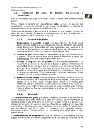 Modulo de deportes de implemento. Tenis. TAFAD 
IES Victorio Macho 
7.3. Enseñanza del golpe de derecha. Progresiones y 
35 
correcciones. 
Para la enseñanza del golpe de derecha vamos a tener unas consideraciones 
previas. 
Hemos elegido la derecha con empuñadura este. La razón es que con esa 
empuñadura el aprovechamiento de la fuerza es el óptimo y además la 
progresión partiendo de ese golpe también la ideal. 
Trataremos de enseñar a los alumnos a colocarse en una posición cerrada, es 
decir, de lado, aunque no vamos a obsesionarnos con eso, y solamente lo 
corregiremos si su posición no le deja progresar. 
7.3.1. La técnica de golpeo. 
 Empuñadura y posición inicial: nos dispondremos de frente hacia 
donde viene la pelota con una empuñadura “este de derecha”. Las piernas 
están ligeramente flexionadas con una separación algo superior a la 
anchura de los hombros. La raqueta estará sujeta por el mango con la 
mano dominante y por el corazón de la raqueta con la otra. 
 Unidad de giro: realizaremos un movimiento de giro hacia donde vamos 
a golpear. Este giro vendrá dado por la apertura lateral de la pierna del 
lado del golpe y del lado brazo-raqueta hacia atrás. 
 Avance e Impacto de la pelota: posteriormente realizaremos un 
movimiento de avance de la raqueta a buscar la pelota, manteniendo la 
verticalidad de las cuerdas y con un movimiento de atrás hacia delante a 
la altura de la cadera. Es importante remarcar que en el momento del 
impacto la cabeza de la raqueta estará ligeramente adelantada respecto a 
la cadera mas avanzada. El punto de impacto ha de ser en el centro de las 
cuerdas y con estas perpendiculares a suelo. 
 Finalización del golpe: una vez golpeada la pelota debemos continuar 
con el movimiento de la raqueta de atrás hacia delante, conduciendo la 
cabeza de la raqueta hacia el lugar donde dirigimos la pelota, para 
finalmente volver a colocarnos en la posición de partida, a la espera del 
siguiente envío. La terminación del golpe se realiza dejando subir el brazo 
hasta la altura de los ojos recogiéndola, a la altura del corazón, con la 
mano libre. 
7.3.2. El método. 
1º.-Demostración del golpe que vamos a enseñar colocando a los alumnos en 
el lado derecho de la pista para que lo vean con claridad. Esta demostración se 
realizará desde media pista para no tener que golpear fuerte a la pelota y así 
distraer la atención de algunos alumnos. Además se realizará con suavidad 
marcando muy bien los puntos que más tarde vamos a enseñar. No es necesario 
que un alumno nos lance bolas, lo podemos hacer nosotros mismos. 
Realizaremos tres o cuatro golpes, los necesarios para dejar claro lo que 
pretendemos. 
2º.-Enseñaremos la empuñadura Este de derecha y realizaremos algunos 
juegos con la raqueta y la pelota. Elegiremos juegos de bote, de conducción y de 
 