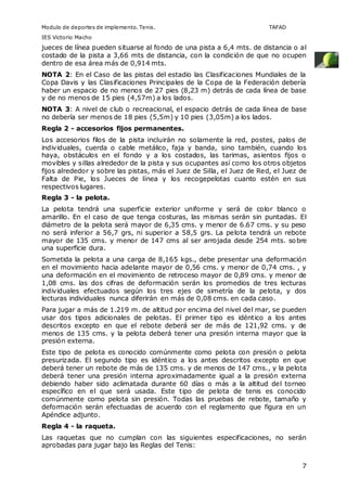 Modulo de deportes de implemento. Tenis. TAFAD 
IES Victorio Macho 
jueces de línea pueden situarse al fondo de una pista a 6,4 mts. de distancia o al 
costado de la pista a 3,66 mts de distancia, con la condición de que no ocupen 
dentro de esa área más de 0,914 mts. 
NOTA 2: En el Caso de las pistas del estadio las Clasificaciones Mundiales de la 
Copa Davis y las Clasificaciones Principales de la Copa de la Federación debería 
haber un espacio de no menos de 27 pies (8,23 m) detrás de cada línea de base 
y de no menos de 15 pies (4,57m) a los lados. 
NOTA 3: A nivel de club o recreacional, el espacio detrás de cada línea de base 
no debería ser menos de 18 pies (5,5m) y 10 pies (3,05m) a los lados. 
Regla 2 - accesorios fijos permanentes. 
Los accesorios filos de la pista incluirán no solamente la red, postes, palos de 
individuales, cuerda o cable metálico, faja y banda, sino también, cuando los 
haya, obstáculos en el fondo y a los costados, las tarimas, asientos fijos o 
movibles y sillas alrededor de la pista y sus ocupantes así como los otros objetos 
fijos alrededor y sobre las pistas, más el Juez de Silla, el Juez de Red, el Juez de 
Falta de Pie, los Jueces de línea y los recogepelotas cuanto estén en sus 
respectivos lugares. 
Regla 3 - la pelota. 
La pelota tendrá una superficie exterior uniforme y será de color blanco o 
amarillo. En el caso de que tenga costuras, las mismas serán sin puntadas. El 
diámetro de la pelota será mayor de 6,35 cms. y menor de 6.67 cms. y su peso 
no será inferior a 56,7 grs, ni superior a 58,5 grs. La pelota tendrá un rebote 
mayor de 135 cms. y menor de 147 cms al ser arrojada desde 254 mts. sobre 
una superficie dura. 
Sometida la pelota a una carga de 8,165 kgs., debe presentar una deformación 
en el movimiento hacia adelante mayor de 0,56 cms. y menor de 0,74 cms. , y 
una deformación en el movimiento de retroceso mayor de 0,89 cms. y menor de 
1,08 cms. las dos cifras de deformación serán los promedios de tres lecturas 
individuales efectuados según los tres ejes de simetría de la pelota, y dos 
lecturas individuales nunca diferirán en más de 0,08 cms. en cada caso. 
Para jugar a más de 1.219 m. de altitud por encima del nivel del mar, se pueden 
usar dos tipos adicionales de pelotas. El primer tipo es idéntico a los antes 
descritos excepto en que el rebote deberá ser de más de 121,92 cms. y de 
menos de 135 cms. y la pelota deberá tener una presión interna mayor que la 
presión externa. 
Este tipo de pelota es conocido comúnmente como pelota con presión o pelota 
presurizada. El segundo tipo es idéntico a los antes descritos excepto en que 
deberá tener un rebote de más de 135 cms. y de menos de 147 cms., y la pelota 
deberá tener una presión interna aproximadamente igual a la presión externa 
debiendo haber sido aclimatada durante 60 días o más a la altitud del torneo 
específico en el que será usada. Este tipo de pelota de tenis es conocido 
comúnmente como pelota sin presión. Todas las pruebas de rebote, tamaño y 
deformación serán efectuadas de acuerdo con el reglamento que figura en un 
Apéndice adjunto. 
Regla 4 - la raqueta. 
Las raquetas que no cumplan con las siguientes especificaciones, no serán 
aprobadas para jugar bajo las Reglas del Tenis: 
7 
 