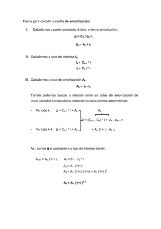 Pasos para calcular o cadro de amortización:

 I.       Calculamos a parte constante, é dicir, o termo amortizativo:

                                            a = C0 / an¬i

                                             ak =   Ak + Ik



 II. Calculamos a cota de interese Ik:
                                             Ik = Ck-1 * i
                                             Ik = Ck-1 * i


 III. Calculamos a cota de amortización Ak :

                                             Ak = a - Ik

      Tamén podemos buscar a relación entre as cotas de amortización de
      dous períodos consecutivos restando os seus termos amortizativos:

      -    Período k:     a = Ck-1 * i + Ak                       Ak

                                                    0 = (Ck-1 - Ck) * i + Ak - Ak+1 =

      -    Período k-1: a = Ck-1 * i + Ak                     = Ak (1+i ) - Ak+1




      Así, cando a é constante e o tipo de interese tamén:


           Ak+1 = Ak (1+i ) ;   A 1 = a - c0 * i

                                A2 = A1 (1+i )
                                A3 = A1 (1+i ) (1+i) = A1 (1+i )2
                                     ....


                                Ak = A1 (1+i )k-1
 
