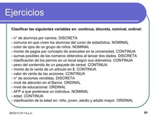 Ejercicios
  Clasificar las siguientes variables en: continua, discreta, nominal, ordinal:

  - n° de alumnos por carrera. DISCRETA
  - comuna en que viven los alumnos del curso de estadística. NOMINAL
  - color de ojos de un grupo de niños. NOMINAL
  - monto de pagos por concepto de aranceles en la universidad. CONTINUA
  - sumas posibles de los números obtenidos al lanzar dos dados. DISCRETA
  - clasificación de los pernos en un local según sus diámetros. CONTINUA
  - peso del contenido de un paquete de cereal. CONTINUA
  - monto de la venta de un articulo en $. CONTINUA
  - valor de venta de las acciones. CONTINUA
  - n° de acciones vendidas. DISCRETA
  - nivel de atención en el Banco. ORDINAL
  - nivel de educacional. ORDINAL
  - AFP a que pertenece un individuo. NOMINAL
  - edad. CONTINUA
  - clasificación de la edad en: niño, joven, adulto y adulto mayor. ORDINAL


 06/03/13 07:12 p.m.                                                              21
 