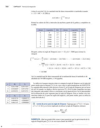 522 CAPÍTULO 7 Técnicas de integración
(véase la sección 5.4), la cantidad total de datos transmitidos a mediodía (cuando
t 5 12 3 602
5 43 200) es
As43200d − y
43200
0
Dstd dt
Estime los valores de D(t) a intervalos de una hora a partir de la gráfica y compílelos en
la tabla.
t (horas) t (segundos) Dstd t (horas) t (segundos) Dstd
0 0 3.2 7 25200 1.3
1 3600 2.7 8 28800 2.8
2 7200 1.9 9 32400 5.7
3 10800 1.7 10 36000 7.1
4 14400 1.3 11 39600 7.7
5 18000 1.0 12 43200 7.9
6 21600 1.1
Después, utilice la regla de Simpson con n 5 12 y ∆t 5 3600 para estimar la
integral:
y
43,200
0
Astd dt 
Dt
3
fDs0d 1 4Ds3600d 1 2Ds7200d 1 1 4Ds39600d 1 Ds43200dg

3600
3
f3.2 1 4s2.7d 1 2s1.9d 1 4s1.7d 1 2s1.3d 1 4s1.0d
1 2s1.1d 1 4s1.3d 1 2s2.8d 1 4s5.7d 1 2s7.1d 1 4s7.7d 1 7.9g
− 143,880
Así, la cantidad total de datos transmitida de la medianoche hasta el mediodía es de
alrededor de 144 000 megabits, o 144 gigabits. n
La tabla en el margen muestra cómo se compara la regla de Simpson con la regla del
punto medio para la integral y
2
1
(1x) dx, cuyo valor es aproximadamente de 0.69314718.
La segunda tabla muestra cómo decrece el error Es
en la regla de Simpson, por un factor
de casi 16 cuando n se duplica. (En los ejercicios 27 y 28 se le pide comprobar esto para
dos integrales adicionales.) Esto es consistente con la aparición de n4
en el denominador
de la estimación de error siguiente para la regla de Simpson. Esto es similar a las esti-
maciones dadas en (3) para las reglas del trapecio y del punto medio, pero se utiliza la
cuarta derivada de f.
4 Límite de error para la regla de Simpson Suponga que | f s4d
sxd|  K para
a  x  b. Si ES
es el error implicado al utilizar la regla de Simpson, entonces
|ES | 
Ksb 2 ad5
180n4
EJEMPLO 6 ¿Qué tan grande debe tomar n para garantizar que la aproximación de la
regla de Simpson para y
2
1
(1x) dx sea exacta dentro de 0.0001?
n Mn Sn
4 0.69121989 0.69315453
8 0.69266055 0.69314765
16 0.69302521 0.69314721
n EM ES
4 0.00192729 20.00000735
8 0.00048663 20.00000047
16 0.00012197 20.00000003
Stewart_ch07_504-523.indd 522 09/06/17 11:56 a.m.
h
t
t
p
s
:
/
/
w
w
w
.
j
a
m
a
r
a
n
a
.
c
o
m
h
t
t
p
s
:
/
/
t
.
m
e
/
u
n
i
v
e
r
s
i
t
a
r
i
o
s
_
i
n
f
o
h
t
t
p
s
:
/
/
t
.
m
e
/
u
n
i
v
e
r
s
i
t
a
r
i
o
s
https://t.me/universitarios_info https://www.jamarana.com https://t.me/universitarios
 
