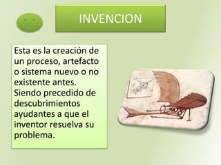 INVENCION
Esta es la creación de
un proceso, artefacto
o sistema nuevo o no
existente antes.
Siendo precedido de
descubrimientos
ayudantes a que el
inventor resuelva su
problema.
 