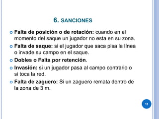 6. sancionesFalta de posición o de rotación: cuando en el momento del saque un jugador no esta en su zona.Falta de saque: si el jugador que saca pisa la línea o invade su campo en el saque.Dobles o Falta por retención.Invasión: si un jugador pasa al campo contrario o si toca la red.Falta de zaguero: Si un zaguero remata dentro de la zona de 3 m.11