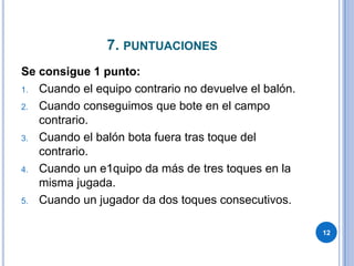 7. puntuacionesSe consigue 1 punto:Cuando el equipo contrario no devuelve el balón. Cuando conseguimos que bote en el campo contrario.Cuando el balón bota fuera tras toque del contrario.Cuando un e1quipo da más de tres toques en la misma jugada.Cuando un jugador da dos toques consecutivos.12