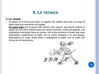 9. La técnica9.1EL SAQUEEl saque es la forma que tiene un jugador de voleibol de poner en juego el balón para que comience una jugada.El saque bajo:Es el saque más básico, muy seguro, que busca colocar la pelota en una zona determinada del campo contrario. Antes de golpear, nos colocamos orientados hacia el campo, con el pie contrario al brazo que saca adelantado, sosteniendo el balón con la mano contraria a la que golpea. Extendemos el brazo hacia atrás y golpeamos al balón con la mano (en forma de cuchara) tensa.14