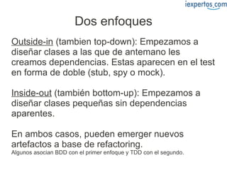 Dos enfoques
Outside-in (tambien top-down): Empezamos a
diseñar clases a las que de antemano les
creamos dependencias. Estas aparecen en el test
en forma de doble (stub, spy o mock).

Inside-out (también bottom-up): Empezamos a
diseñar clases pequeñas sin dependencias
aparentes.

En ambos casos, pueden emerger nuevos
artefactos a base de refactoring.
Algunos asocian BDD con el primer enfoque y TDD con el segundo.
 