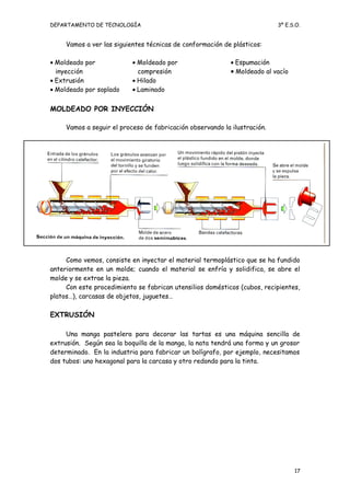 DEPARTAMENTO DE TECNOLOGÍA 3º E.S.O.
Vamos a ver las siguientes técnicas de conformación de plásticos:
• Moldeado por
inyección
• Extrusión
• Moldeado por soplado
• Moldeado por
compresión
• Hilado
• Laminado
• Espumación
• Moldeado al vacío
MOLDEADO POR INYECCIÓN
Vamos a seguir el proceso de fabricación observando la ilustración.
Como vemos, consiste en inyectar el material termoplástico que se ha fundido
anteriormente en un molde; cuando el material se enfría y solidifica, se abre el
molde y se extrae la pieza.
Con este procedimiento se fabrican utensilios domésticos (cubos, recipientes,
platos…), carcasas de objetos, juguetes…
EXTRUSIÓN
Una manga pastelera para decorar las tartas es una máquina sencilla de
extrusión. Según sea la boquilla de la manga, la nata tendrá una forma y un grosor
determinado. En la industria para fabricar un bolígrafo, por ejemplo, necesitamos
dos tubos: uno hexagonal para la carcasa y otro redondo para la tinta.
17
 