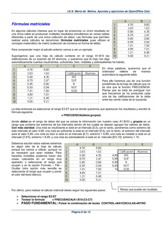 I.E.S. María de Molina. Apuntes y ejercicios de OpenOffice Calc.
Página 8 de 15
Fórmulas matriciales
En algunos cálculos interesa que en lugar de producirse un único resultado en
una única celda se produzcan múltiples resultados simultáneos en varias celdas
diferentes a partir de una única colección de datos. Las fórmulas que permiten
realizar estos cálculos se denominan fórmulas matriciales, pues utilizan el
concepto matemático de matriz (colección de números en forma de tabla).
Para comprender mejor el párrafo anterior vamos a ver un ejemplo:
Supongamos que una hoja de cálculo contiene en el rango A1:B10 las
calificaciones de un examen de 20 alumnos, y queremos que la hoja nos diga
automáticamente cuántos insuficientes, suficientes, bien, notables y sobresalientes ha habido.
En otras palabras, queremos que el
ordenador rellene de manera
automática la siguiente tabla:
Para ello haremos uso de una función
predefinida de la hoja de cálculo que no
es otra que la función FRECUENCIA.
Piensa que se trata de averiguar con
qué frecuencia se ha producido cada
una de las calificaciones de la tabla
entre las veinte notas de la izquierda.
La idea entonces es seleccionar el rango E3:E7 que es donde queremos que aparezcan los resultados y escribir la
fórmula siguiente:
= FRECUENCIA(datos;grupos)
donde datos es el rango de datos del que se extrae la información (en nuestro caso A1:B10) y grupos es un
rango que contiene los extremos de los intervalos dentro de los cuales se desean agrupar los valores de datos.
Con más claridad: Una nota es insuficiente si está en el intervalo [0,5), por lo tanto, pondremos como extremo de
este intervalo el valor 4,99; una nota es suficiente si está en el intervalo [5,6), por lo tanto, el extremo del intervalo
será el valor 5,99; una nota es bien si está en el intervalo [6,7): extremo = 6,99; una nota es notable si está en el
intervalo [7,8‟5), extremo = 8,49; y una nota es sobresaliente si está en el intervalo [8‟5,10]: extremo = 10.
Debemos escribir estos valores extremos
en algún sitio de la hoja de cálculo
porque los vamos a utilizar, aunque no
es necesario que sean visibles. Para
hacerlos invisibles podemos hacer dos
cosas: colocarlos en un rango muy
apartado, o seleccionar el rango que
ocupan y en la opción Formato – Fila -
Ocultar (otra opción más sencilla es
seleccionar el rango que ocupan y poner
el color del texto blanco).
Por último, para realizar el cálculo matricial debes seguir los siguientes pasos:
Seleccionar el rango E3:E7
Teclear la fórmula = FRECUENCIA(A1:B10;C3:C7)
PASO FUNDAMENTAL: Pulsar la combinación de teclas CONTROL+MAYÚSCULAS+INTRO
Rango que puede ser ocultado
 