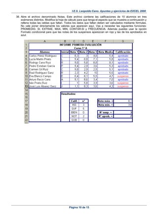 I.E.S. Leopoldo Cano. Apuntes y ejercicios de EXCEL 2000.
38. Abre el archivo denominado Notas. Este archivo contiene las calificaciones de 10 alumnos en tres
exámenes distintos. Modifica la hoja de cálculo para que tenga el aspecto que se muestra a continuación y
rellena todas las celdas que faltan. Todos los datos que faltan deben ser calculados mediante fórmulas.
No vale poner directamente los valores que aparecen aquí. Vas a necesitar las siguientes funciones:
PROMEDIO, SI, EXTRAE, MAX, MIN, CONTAR.SI y FRECUENCIA. Además puedes usar la opción
Formato condicional para que las notas de los suspensos aparezcan en rojo y las de los aprobados en
azul.
Página 10 de 15
 
