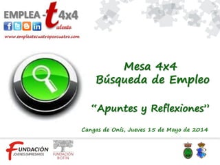 Mesa 4x4
Búsqueda de Empleo
“Apuntes y Reflexiones”
Cangas de Onís, Jueves 15 de Mayo de 2014
 