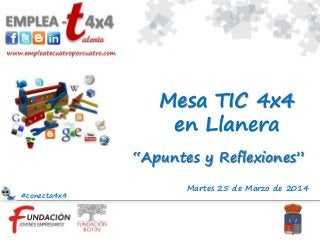 Martes 25 de Marzo de 2014
“Apuntes y Reflexiones”
Mesa TIC 4x4
en Llanera
#conecta4x4
 