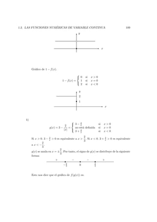 1.3. LAS FUNCIONES NUM ´ERICAS DE VARIABLE CONTINUA 109
c
s -
6
y
x
Gr´aﬁco de 1 − f(x).
1 − f(x) =



0 si x > 0
1 si x = 0
2 si x < 0
-
6
s
y
2
1
x
b)
g(x) = 3 −
2
|x|
=



3 − 2
x si x > 0
no est´a deﬁnida si x = 0
3 + 2
x si x < 0
Si x > 0. 3 − 2
x > 0 es equivalente a x >
2
3
. Si x < 0. 3 + 2
x > 0 es equivalente
a x < −
2
3
.
g(x) se anula en x = ±
2
3
. Por tanto, el signo de g(x) se distribuye de la siguiente
forma:
s ss+ − − +
0 2
3−2
3
Esto nos dice que el gr´aﬁco de f(g(x)) es:
 
