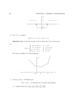 110 CAP´ITULO 1. L´IMITES Y CONTINUIDAD
-
6
ss
c
y
1
−1
2
3−2
3
x
2. Si a < b < c, graﬁcar
f(x) = |x − a| + |x − b| + |x − c|.
Soluci´on: Seg´un el ejercicio resuelto 12 de la subsecci´on 1.1.4 tenemos que:
3.
f(x) =



−3x + a + b + c si x ≤ a
−x − a + b + c si a < x ≤ b
x − a − b + c si b < x ≤ c
3x − a − b − c si c < x.
Por tanto, su gr´aﬁco es la l´ınea poligonal:
-
6
y
x
a b c
4. Sea h(x) : [0, 1] → R deﬁnida por:
h(x) = {x} = la distancia de x al entero m´as pr´oximo.
a) Calcular h(0), h(1), h(
1
2
), h(
1
4
), h(
3
4
), h(
1
3
), h(
2
3
).
 