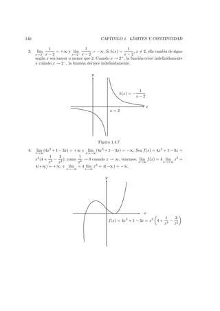 140 CAP´ITULO 1. L´IMITES Y CONTINUIDAD
3. l´ım
x→2+
1
x − 2
= +∞ y l´ım
x→2−
1
x − 2
= −∞. Si h(x) =
1
x − 2
, x = 2, ella cambia de signo
seg´un x sea mayor o menor que 2. Cuando x → 2+, la funci´on crece indeﬁnidamente
y cuando x → 2−, la funci´on decrece indeﬁnidamente.
x = 2
y
x
h(x) = −
1
x − 2
Figura 1.4.7
4. l´ım
x→∞
(4x3
+ 1 − 3x) = +∞ y l´ım
x→−∞
(4x3
+ 1 − 3x) = −∞. Sea f(x) = 4x3 + 1 − 3x =
x3(4 +
1
x3
−
3
x2
); como
1
xk
→ 0 cuando x → ∞, tenemos: l´ım
x→∞
f(x) = 4 l´ım
x→+∞
x3
=
4(+∞) = +∞. y l´ım
x→−∞
= 4 l´ım
x→∞
x3
= 4(−∞) = −∞.
x
y
f(x) = 4x3
+ 1 − 3x = x3
4 +
1
x3
−
3
x2
 