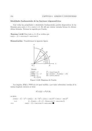 154 CAP´ITULO 1. L´IMITES Y CONTINUIDAD
Identidades fundamentales de las funciones trigonom´etricas
Casi todas las propiedades e identidades fundamentales pueden desprenderse de las
f´ormulas para sen(α ± β) o cos(α ± β). De all´ı que existan variadas formas de obtener
dichas f´ormulas. Veremos la sugerida por Cauchy.
Teorema 1.4.32 Para todo α, β ∈ R se veriﬁca que
cos(α − β) = cos α cos β + sen α sen β.
Demostraci´on: Consideremos la siguiente ﬁgura:
x
y
O
R
Q
Pα
α − β
β
A
Donde:
∠AOP = β P = (cos β, sen β)
∠AOQ = α − β Q = (cos(α − β), sen(α − β))
∠AOR = α R = (cos α, sen α)
A = (1, 0)
Figura 1.4.26: Diagrama de Cauchy
Los ´angulos AOQ y POR son de igual medida y por tanto subtienden cuerdas de la
misma longitud, entonces se tiene:
d2
(A, Q) = d2
(P, R);
es decir:
(cos(α − β) − 1)2 + (sen(α − β) − 0)2 = (cos α − cos β)2 + (sen α − sen β)2
⇐⇒ 2 − 2 cos(α − β) = 2 − 2(cos α cos β − sen α sen β)
⇐⇒ cos(α − β) = cos α cos β + sen α sen β.
 