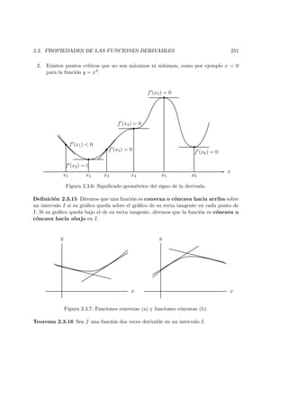 2.3. PROPIEDADES DE LAS FUNCIONES DERIVABLES 251
2. Existen puntos cr´ıticos que no son m´aximos ni m´ınimos, como por ejemplo x = 0
para la funci´on y = x3.
x
x1
f (x1) < 0
x2
f (x2) = 0
x3
f (x3) > 0
x4
f (x4) = 0
x5
f (x5) = 0
x6
f (x6) = 0
Figura 2.3.6: Signiﬁcado geom´etrico del signo de la derivada.
Deﬁnici´on 2.3.15 Diremos que una funci´on es convexa o c´oncava hacia arriba sobre
un intervalo I si su gr´aﬁco queda sobre el gr´aﬁco de su recta tangente en cada punto de
I. Si su gr´aﬁco queda bajo el de su recta tangente, diremos que la funci´on es c´oncava o
c´oncava hacia abajo en I.
x
y
x
y
Figura 2.3.7: Funciones convexas (a) y funciones c´oncavas (b).
Teorema 2.3.16 Sea f una funci´on dos veces derivable en un intervalo I.
 