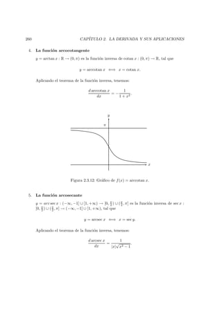 260 CAP´ITULO 2. LA DERIVADA Y SUS APLICACIONES
4. La funci´on arcocotangente
y = arctan x : R → (0, π) es la funci´on inversa de cotan x : (0, π) → R, tal que
y = arccotan x ⇐⇒ x = cotan x.
Aplicando el teorema de la funci´on inversa, tenemos:
d arccotan x
dx
= −
1
1 + x2
.
x
y
π
Figura 2.3.12: Gr´aﬁco de f(x) = arccotan x.
5. La funci´on arcosecante
y = arc sec x : (−∞, −1] ∪ [1, +∞) → [0, π
2 ) ∪ (π
2 , π] es la funci´on inversa de sec x :
[0, π
2 ) ∪ (π
2 , π] → (−∞, −1] ∪ [1, +∞), tal que
y = arcsec x ⇐⇒ x = sec y.
Aplicando el teorema de la funci´on inversa, tenemos:
d arcsec x
dx
=
1
|x|
√
x2 − 1
.
 