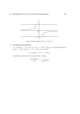 2.3. PROPIEDADES DE LAS FUNCIONES DERIVABLES 261
x
y
π
2
π
0 1−1
Figura 2.3.13: Gr´aﬁco de f(x) = arcsec x.
6. La funci´on arcocosecante
y = arccosec x : (−∞, −1] ∪ [1, +∞) → [−π
2 , 0) ∪ (0, π
2 ] es la funci´on inversa de
cosec x : [−π
2 , 0) ∪ (0, π
2 ] → (−∞, −1] ∪ [1, +∞), tal que
y = arccosec x ⇐⇒ x = cosec y.
Aplicando el teorema de la funci´on inversa, tenemos:
d arc cosec x
dx
= −
1
|x|
√
x2 − 1
.
 