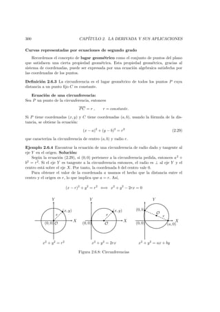 300 CAP´ITULO 2. LA DERIVADA Y SUS APLICACIONES
Curvas representadas por ecuaciones de segundo grado
Recordemos el concepto de lugar geom´etrico como el conjunto de puntos del plano
que satisfacen una cierta propiedad geom´etrica. Esta propiedad geom´etrica, gracias al
sistema de coordenadas, puede ser expresada por una ecuaci´on algebraica satisfecha por
las coordenadas de los puntos.
Deﬁnici´on 2.6.3 La circunferencia es el lugar geom´etrico de todos los puntos P cuya
distancia a un punto ﬁjo C es constante.
Ecuaci´on de una circunferencia:
Sea P un punto de la circunferencia, entonces
PC = r , r = constante.
Si P tiene coordenadas (x, y) y C tiene coordenadas (a, b), usando la f´ormula de la dis-
tancia, se obtiene la ecuaci´on:
(x − a)2
+ (y − b)2
= r2
(2.29)
que caracteriza la circunferencia de centro (a, b) y radio r.
Ejemplo 2.6.4 Encontrar la ecuaci´on de una circunferencia de radio dado y tangente al
eje Y en el origen. Soluci´on:
Seg´un la ecuaci´on (2.29), si (0, 0) pertenece a la circunferencia pedida, entonces a2 +
b2 = r2. Si el eje Y es tangente a la circunferencia entonces, el radio es ⊥ al eje Y y el
centro est´a sobre el eje X. Por tanto, la coordenada b del centro vale 0.
Para obtener el valor de la coordenada a usamos el hecho que la distancia entre el
centro y el origen es r, lo que implica que a = r. As´ı,
(x − r)2
+ y2
= r2
⇐⇒ x2
+ y2
− 2rx = 0
X
Y
 
 
(x, y)
(0, 0) O
r
x2 + y2 = r2
X
Y
¡
¡
(0, 0)
r
x2 + y2 = 2rx
O
(x, y)
X
Y
(0, 0) (a, 0)
(0, b)¢
¢
x2 + y2 = ax + by
O
r
Figura 2.6.8: Circunferencias
 