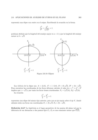 2.6. APLICACIONES III: AN ´ALISIS DE CURVAS EN EL PLANO 303
representa una elipse con centro en el origen. Escribiendo la ecuaci´on en la forma
x2
22
+
y2
(
√
2)2
= 1
podemos deducir que la longitud del semieje mayor es a = 2 y que la longitud del semieje
menor es b =
√
2.
X
Y
(2, 0)
(0,
√
2)
(0, 0) O
x2
4
+
y2
2
= 1
X
Y
(0, 0)
x2
2
+
y2
4
= 1
O (
√
2, 0)
(0, 2)
Figura 2.6.10: Elipses
Los v´ertices de la elipse son: A = (2, 0), A = (−2, 0), B = (0,
√
2), B = (0, −
√
2).
Para encontrar las coordenadas de los focos debemos calcular el valor de c. c2 = a2 − b2
implica que c =
√
2 y por tanto los focos tienen coordenadas: F1 = (
√
2, 0), F2(−
√
2, 0).
La ecuaci´on
x2
2
+
y2
4
= 1
representa una elipse del mismo tipo anterior, pero con su eje mayor sobre el eje Y , donde
adem´as est´an sus focos con coordenadas F1 = (0,
√
2, F2 = (0, −
√
2).
Deﬁnici´on 2.6.7 La hip´erbola es el lugar geom´etrico de los puntos del plano tal que la
diferencia de sus distancias a dos puntos ﬁjos F1, F2 es una constante menor que F1F2.
 