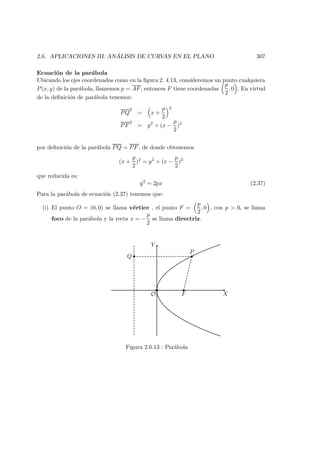 2.6. APLICACIONES III: AN ´ALISIS DE CURVAS EN EL PLANO 307
Ecuaci´on de la par´abola
Ubicando los ejes coordenados como en la ﬁgura 2. 4.13, consideremos un punto cualquiera
P(x, y) de la par´abola, llamemos p = AF, entonces F tiene coordenadas
p
2
, 0 . En virtud
de la deﬁnici´on de par´abola tenemos:
PQ
2
= x +
p
2
2
PF
2
= y2
+ (x −
p
2
)2
por deﬁnici´on de la par´abola PQ = PF, de donde obtenemos
(x +
p
2
)2
= y2
+ (x −
p
2
)2
que reducida es:
y2
= 2px (2.37)
Para la par´abola de ecuaci´on (2.37) tenemos que:
(i) El punto O = (0, 0) se llama v´ertice , el punto F =
p
2
, 0 , con p  0, se llama
foco de la par´abola y la recta x = −
p
2
se llama directriz.
X
Y
O
   
Q
P¡
¡
F
Figura 2.6.13 : Par´abola
 