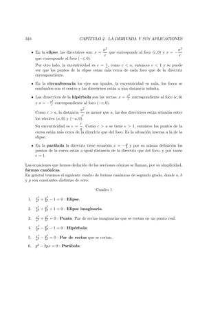 310 CAP´ITULO 2. LA DERIVADA Y SUS APLICACIONES
En la elipse, las directrices son: x =
a2
c
que corresponde al foco (c, 0) y x = −
a2
c
que corresponde al foco (−c, 0).
Por otro lado, la excentricidad es e = c
a , como c  a, entonces e  1 y se puede
ver que los puntos de la elipse estan m´as cerca de cada foco que de la directriz
correspondiente.
En la circunferencia los ejes son iguales, la excentricidad es nula, los focos se
confunden con el centro y las directrices est´an a una distancia inﬁnita.
Las directrices de la hip´erbola son las rectas: x = a2
c correspondiente al foco (c, 0)
y x = −a2
c correspondiente al foco (−c, 0).
Como c  a, la distancia
a2
c
es menor que a, las dos directrices est´an situadas entre
los v´ertices (a, 0) y (−a, 0).
Su excentricidad es e =
c
a
. Como c  a se tiene e  1, entonces los puntos de la
curva est´an m´as cerca de la directriz que del foco. Es la situaci´on inversa a la de la
elipse.
En la par´abola la directriz tiene ecuaci´on x = − p
2 y por su misma deﬁnici´on los
puntos de la curva est´an a igual distancia de la directriz que del foco, y por tanto
e = 1.
Las ecuaciones que hemos deducido de las secciones c´onicas se llaman, por su simplicidad,
formas can´onicas.
En general tenemos el siguiente cuadro de formas can´onicas de segundo grado, donde a, b
y p son constantes distintas de cero:
Cuadro 1
1. x2
a2 + y2
b2 − 1 = 0 : Elipse.
2. x2
a2 + y2
b2 + 1 = 0 : Elipse imaginaria.
3. x2
a2 + y2
b2 = 0 : Punto. Par de rectas imaginarias que se cortan en un punto real.
4. x2
a2 − y2
b2 − 1 = 0 : Hip´erbola.
5. x2
a2 − y2
b2 = 0 : Par de rectas que se cortan.
6. y2 − 2px = 0 : Par´abola.
 