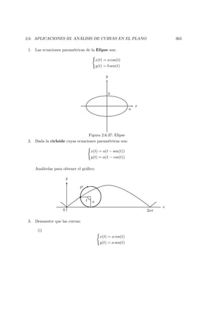 2.6. APLICACIONES III: AN ´ALISIS DE CURVAS EN EL PLANO 363
1. Las ecuaciones param´etricas de la Elipse son:
x(t) = a cos(t)
y(t) = b sen(t)
x
y
a
b
Figura 2.6.37: Elipse
2. Dada la cicloide cuyas ecuaciones param´etricas son:
x(t) = a(t − sen(t))
y(t) = a(1 − cos(t))
Anal´ıcelas para obtener el gr´aﬁco:
x
y
0
at
2aπ
P
3. Demuestre que las curvas:
(i)
x(t) = a cos(t)
y(t) = a sen(t)
 