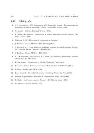 416 CAP´ITULO 2. LA DERIVADA Y SUS APLICACIONES
2.10. Bibliograf´ıa
1. A.D. Aleksandrov, A.N. Kolmogorov, M.A. Laurentiev y otros : La matem´atica: su
contenido, m´etodos y signiﬁcado. Alianza Universidad, Madrid,(1985).
2. T. Apostol : Calculus. Editorial Revert´e (1965).
3. R. Bartle y D. Sherbert : Introducci´on al an´alisis matem´atico de una variable. Edi-
torial Limusa (1989).
4. Colecci´on H.E.C.: Elementos de trigonometr´ıa. Santiago.
5. F. Granero :C´alculo. McGraw - Hill. Madrid (1991).
6. J. Guajardo y J. Urrea: Cuarenta problemas resueltos de c´alculo integral. Trabajo
de Titulaci´on, Fac de Ciencias - USACH (2002).
7. J. Kitchen.: C´alculo. McGraw - Hill (1986).
8. I. D. Kudri´avtsev, A.D. Kut´asov, V.I.Chejlov, M.I.Shsbunin : Problemas d An´alisis
Matem´atico. Ed. Mir Mosc´u.
9. K. Kuratowski : Introduction to calculus. Pergamon Press (1961).
10. H. Larsen.: Tables, Formulas and curves. Holt, Rinehart and Winston (1953).
11. E. Lima.: An´alise real. IMPA (1989).
12. E. A. Maxwell : An analytical calculus . Cambridge University Press (1959).
13. R´eunion de professeurs : Exercises de trigonom´etrie. Ligel, Par´ıs (1960).
14. R. Rothe : Mat´ematica superior. Tomos I y II. Editorial Labor (1959).
15. M. Spivak : Calculus. Revert´e. 1970.
 