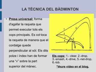 LA TÈCNICA DEL BÀDMINTON

●   Presa universal: forma
    d'agafar la raqueta que
    permet executar tots els
    cops principals. Es col·loca
    la raqueta de manera que el
    cordatge quede
    perpendicular al sòl. Els dits
    polze i índex han de formar      Els cops: 1.- clear. 2.-drop,
                                     3.-smash, 4.-drive, 5.-net-drop,
    una “v” sobre la part            6.-lob.
    superior del mànec.                  *Veure vídeo en el blog.
 
