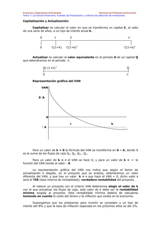 Economía y Organización de Empresas                                    Seminario de Profesores de Economía
Tema 7: La función financiera. Fuentes de financiación y criterios de selección de inversiones.

Capitalización y Actualización:

      Capitalizar es calcular el valor en que se transforma un capital C, al cabo
de una serie de años, a un tipo de interés anual k.

                0            1             2                                                      n


                0          C(1+k)       C(1+k)2                                                C(1+k)n


      Actualizar es calcular el valor equivalente en el periodo 0 de un capital Q
que obtendremos en el periodo n.

                              n
                    Q/ (1+k)                                                            Q
                    I--------------------------------------------------------------------I
                    0                                                                   n

        Representación gráfica del VAN

                 VAN


              S !A




                      0

                                            r                                     k
                    !A




        Para un valor de k = 0 la fórmula del VAN se transforma en S – A, donde S
es la suma de los flujos de caja Q1, Q2, Q3,…Qn.

       Para un valor de k = r el VAN se hace 0, y para un valor de k = ∞ la
función del VAN tiende al valor - A

       La representación gráfica del VAN nos indica que según el factor de
actualización k elegido, en el proyecto que se analiza, obtendremos un valor
diferente del VAN, y que hay un valor k = r que hace el VAN = 0, dicho valor r
será el TIR (tasa interna de rentabilidad), verdadera rentabilidad del proyecto.

       Al valorar un proyecto con el criterio VAN deberemos elegir el valor de k
con el que actualizar los flujos de caja, este valor de k debe ser la rentabilidad
mínima exigida al proyecto. Esta rentabilidad mínima deberá de calcularse
teniendo en cuenta el coste del dinero y la inflación que exista en la economía.

       Supongamos que los préstamos para invertir se conceden a un tipo de
interés del 8% y que la tasa de inflación esperada en los próximos años es del 2%.
 
