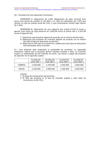 Economía y Organización de Empresas                                    Seminario de Profesores de Economía
Tema 7: La función financiera. Fuentes de financiación y criterios de selección de inversiones.



20.- Considera las dos siguientes inversiones:

       INVERSIÓN A: Adquisición de 1.000 obligaciones de valor nominal 6,01
euros cuyo precio de emisión es del 85% y su valor de reembolso del 110% que
ofrecen un tipo de interés anual del 10% y cuya amortización tendrá lugar dentro
de 2 años.

       INVERSIÓN B: Adquisición de una máquina que cuesta 6.010,12 euros y
genera unos flujos de caja positivos de 3.005,06 euros el primer año y 4.207,08
euros el segundo año.

        7. Determina qué proyecto elegiría de acuerdo con el criterio del Pay-back.
        8. Determina qué proyecto de inversión elegiría de acuerdo con el criterio
           del VAN (el tipo de descuento es del 6%).
        9. Determina la TIR para la inversión B y señala para qué tipos de descuento
           será efectuable dicha inversión.

21.- Una empresa está analizando la posibilidad de aumentar su capacidad
productiva. Espera que el proyecto genere ingresos durante 4 años. La inversión
supone un desembolso de 8,8 millones de euros. Los cobros y pagos del proyecto
se adjuntan en el siguiente cuadro:

                        FLUJOS DE             FLUJOS DE            FLUJOS DE             FLUJOS DE
                        CAJA AÑO 1            CAJA AÑO 2           CAJA AÑO 3            CAJA AÑO 4
     COBROS               3.300.000            4.700.000             5.500.000             3.800.000

      PAGOS               2.200.000            2.900.000             3.300.000             2.600.000


        Calcula:
        1. El plazo de recuperación del proyecto.
        2. El VAN del proyecto si el tipo de mercado exigido a esta clase de
            inversiones es del 10%.
 