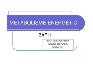 METABOLISME ENERGÈTIC

        BAF II
           BORJA GALLARDO PEREA
            2n NIVELL CEE FUTBOL
                 CURS 2011/12
 