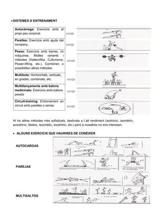  SISTEMES D´ENTRENAMENT

 Autocàrrega: Exercicis amb el
 propi pes corporal.

 Parelles: Exercicis amb ajuda del
 company.

 Peses: Exercicis amb barres, i/o
 màquines. Moltes variants i
 mètodes (Halterofilia, Culturisme,
 Power-lifting, etc.). Combinen o
 possibiliten altres mètodes.

 Multibots: Horitzontals, verticals,
 en grades, combinats, etc.

 Multillançaments amb balons
 medicinals: Exercicis amb balons
 pesats

 Circuit-training: Entrenament en
 circuit amb parelles o sense.



Hi ha altres mètodes més sofisticats, destinats a l´alt rendiment (isotrònic, isomètric,
auxotònic, llastos, isocinètic, excèntric, etc.) però a nosaltres no ens interesen.

 ALGUNS EXERCICIS QUE HAURIRES DE CONÈIXER


  AUTOCARGAS




  PAREJAS




  MULTISALTOS
 