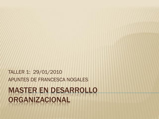 TALLER 1: 29/01/2010
APUNTES DE FRANCESCA NOGALES

MASTER EN DESARROLLO
ORGANIZACIONAL
 