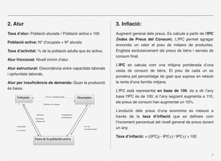 2. Atur                                                    3. Inﬂació:
Taxa d’atur: Població aturada / Població activa x 100      Augment general dels preus. Es calcula a partir de l’IPC
                                                           (Índex de Preus del Consum). L’IPC permet agragar
Població activa: Nº d’ocupats + Nº aturats
                                                           ennomés un valor el preu de milaers de productes.
Taxa d’activitat: % de la població adulta que és activa.   Engloba exclussivament els preus de béns i serveis de
                                                           consum ﬁnal.
Atur friccional: Nivell mínim d’atur
                                                           L’IPC es calcula com una mitjana ponderada d’una
Atur estructural: Discordància entre capacitats laborals
                                                           cesta de consum de béns. El preu de cada un es
i oprtunitats laborals.
                                                           pondera pel percentatge de gast que suposa en relació
Atur per insuﬁciència de demanda: Quan la producció        la renta d’una família mitjana.
és baixa.
                                                           L’IPC està representat en base de 100. és a dir l’any
                                                           base l’IPC és de 100; si l’any següent augmenta a 110,
                                                           els preus de consum han augmentat un 10%.

                                                           L’evolució dels preus d’una economia es mesura a
                                                           través de la taxa d’inﬂació que es deﬁneix com
                                                           l’increment percentual del nivell general de preus durant
                                                           un any.

                                                           Taxa d’inﬂació: = ((IPC2 - IPC1) / IPC1) X 100



                                                                                                                   9
 