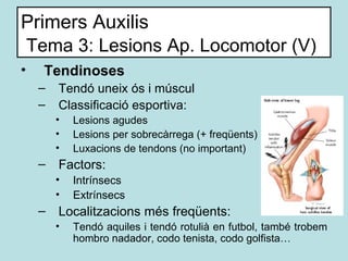 Primers Auxilis   Tema 3: Lesions Ap. Locomotor (V) <ul><li>Tendinoses </li></ul><ul><ul><li>Tendó uneix ós i múscul </li>...