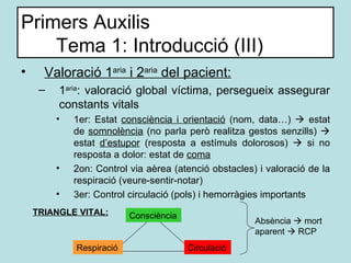 Primers Auxilis Tema 1: Introducció (III) <ul><li>Valoració 1 aria  i 2 aria  del pacient: </li></ul><ul><ul><li>1 aria : ...