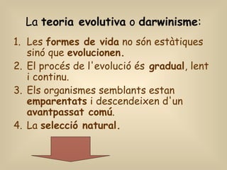 La teoria evolutiva o darwinisme:
1. Les formes de vida no són estàtiques
sinó que evolucionen.
2. El procés de l'evolució és gradual, lent
i continu.
3. Els organismes semblants estan
emparentats i descendeixen d'un
avantpassat comú.
4. La selecció natural.
 