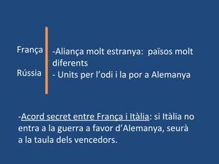 -Aliança molt estranya: països molt
diferents
- Units per l’odi i la por a Alemanya
França
Rússia
-Acord secret entre França i Itàlia: si Itàlia no
entra a la guerra a favor d’Alemanya, seurà
a la taula dels vencedors.
 