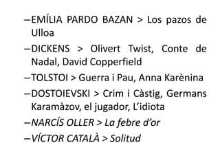 –EMÍLIA PARDO BAZAN > Los pazos de
Ulloa
–DICKENS > Olivert Twist, Conte de
Nadal, David Copperfield
–TOLSTOI > Guerra i Pau, Anna Karènina
–DOSTOIEVSKI > Crim i Càstig, Germans
Karamàzov, el jugador, L’idiota
–NARCÍS OLLER > La febre d’or
–VÍCTOR CATALÀ > Solitud

 