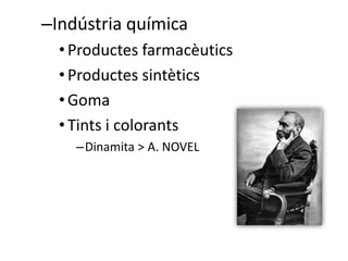 –Indústria química
• Productes farmacèutics
• Productes sintètics
• Goma
• Tints i colorants
–Dinamita > A. NOVEL

 