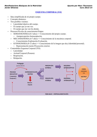 Manifestacions Bàsiques de la Motricitat Apunts per Marc Thormann
Javier Oliveras Curs 2013-14
ESQUEMA CORPORAL [YO]
– Idea simplificada de mi propio cuerpo.
– Concepto dinámico.
– Tres posibles visiones:
– Lateralidad objetiva del cuerpo.
– El cuerpo que yo me veo.
– El cuerpo que me ven los demás.
– Procesos/Niveles de conocimiento/Etapas:
– SOMATOGNOSIA (0-3 años) => Conocimiento del propio cuerpo.
– Autopercepción-Autoaceptación.
– MECANOGNOSIA (4-7 años) => Conocimiento de la mecánica corporal.
– Conocimiento-Explotación-Evaluación.
– ICONOGNOSIA (8-12 años) => Conocimiento de la imagen que doy (identidad personal).
– Representación mente-Proyección exterior.
– Contendidos Esquema Corporal (YO):
– Lateralidad.
– Actitud Corporal (Postura).
– Respiración.
– Relajación.
 