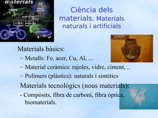 Ciència dels
                materials. Materials
                  naturals i artificials


Materials bàsics:
– Metalls: Fe, acer, Cu, Al, ...
– Material ceràmics: rajoles, vidre, ciment, ..
– Polímers (plàstics): naturals i sintètics
Materials tecnològics (nous materials):
- Compòsits, fibra de carboni, fibra òptica,
  biomaterials.
 