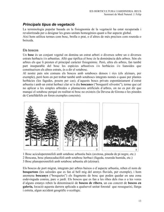 IES HORTICULTURA I JARDINERIA. REUS
                                                               Seminari de Medi Natural. J. Felip


Principals tipus de vegetació
La terminologia popular basada en la fisiognomia de la vegetació ha estat recuperada i
revaloritzada per a designar les grans unitats homogènies quant a llur aspecte global.
Així hom utilitza termes com bosc, brolla o prat, o d´altres de més precisos com roureda o
boixeda.


Els boscos
Un bosc és un conjunt vegetal on domina un estrat arbori o diversos sobre un o diversos
estrats herbacis i/o arbustius. Allò que tipifica el bosc és la dominància dels arbres. Són els
arbres els que li presten el principal caràcter fisiognòmic. Però, ultra els arbres, fan també
part inseparable del bosc les espècies arbustives i/o herbàcies i/o lianoides que
constitueixen els altres estrats, és a dir el sotabosc.
Al nostre país són comuns els boscos amb sotaboscs densos i rics (els alzinars, per
exemple), però hom en pot trobar també amb sotaboscs integrats només o quasi per plantes
herbàcies (les fagedes, posem per cas); d´aquests boscs privats espontàniament d´estrat
arbustiu i amb un estrat herbaci clar se´n diu boscanes (“bosqueril silvestre”), terme que cal
no aplicar a les simples arbredes o plantacions artificials d´arbres, on no es pot dir que
manqui el sotabosc perquè en realitat ni bosc no existeix (la Devesa de Girona o les pinedes
de Castelldefels en foren exemples concrets).




1 Bosc aciculoperennifoli amb sotabosc arbustiu baix (avetosa, pineda de pi negre, etc.)
2 Boscana, bosc planocaducifoli amb sotabosc herbaci (fageda, roureda humida, etc.)
3 Bosc planoperennifoli amb sotabosc arbustiu alt (alzinar).

Els boscos de port migrat, integrats per arbres baixos o d´aspecte arbustiu, reben el nom de
bosquetons (les salzedes que es fan al bell mig del arenys fluvials, per exemple), i hom
anomena boscanys (“bosquetes”) els fragments de bosc que poden quedar en una zona
esdevinguda conreu, parc o jardí. Els boscos que es fan a les ribes dels rius o a les vores
d´alguns estanys reben la denominació de boscos de ribera, un cas concret de boscos en
galeria, locució aquesta darrera aplicada a qualsevol unitat forestal que ressegueixi, llarga
i estreta, algun accident geogràfic o ecològic.


                                                                                              13
 