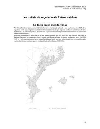 IES HORTICULTURA I JARDINERIA. REUS
                                                                          Seminari de Medi Natural. J. Felip




             Les unitats de vegetació als Països catalans

                              La terra baixa mediterrània
Als Països Catalans, la denominació de terra baixa mediterrània és aplicada a una amplíssima àrea (80 % de la
superficie total) que comprèn totes les terres litorals i interiors en què imperen condicions climàtiques de tipus
mediterrani i on, en conseqüència, prospera una vegetació basicament perennifòlica i esclerofil·la qualificable
també de mediterrània.
Aquestes circumstàncies solen dar-se, d´una manera general, des del nivell del mar fins als 800-1000 m
d´altitud, bé que a les zones més eixutes (porció meridional del país) el domini mediterrani ateny els 1200-
1300 m i més, mentre que en certes zones humides del nord hom pot trobar condicions extramediterrànies
(submediterrànies, medioeuropeees, etc.) a altituds de l´ordre dels 500-800 m.




                                                                                                               38
 