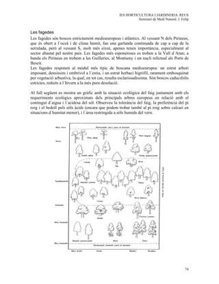 IES HORTICULTURA I JARDINERIA. REUS
                                                               Seminari de Medi Natural. J. Felip


Les fagedes
Les fagedes són boscos estrictament medioeuropeus i atlàntics. Al vessant N dels Pirineus,
que és obert a l´oceà i de clima humit, fan una garlanda continuada de cap a cap de la
serralada, però al vessant S, molt més eixut, apenes tenen importància, especialment al
sector abastat pel nostre pais. Les fagedes més esponeroses es troben a la Vall d´Aran; a
banda els Pirineus en trobem a les Guilleries, al Montseny i un nucli relictual als Ports de
Beseit.
Les fagedes responen al mòdul més típic de boscana medioeuropea: un estrat arbori
imposant, densíssim i ombrívol a l´estiu, i un estrat herbaci higròfil, rarament embosquinat
per vegetació arbustiva, la qual, en tot cas, resulta esclarissadíssima. Són boscos caducifolis
estrictes, reduits a l´hivern a la més pura desolació.

Al full següent es mostra un gràfic amb la situació ecològica del faig juntament amb els
requeriments ecològics aproximats dels principals arbres europeus en relació amb el
contingut d´aigua i l´acidesa del sòl. Observeu la tolerància del faig, la preferència del pi
roig i el bedoll pels sòls àcids (encara que podem trobar també al pi roig sobre calcari en
situacions d´humitat menor), i l´àrea restringida a sòls humids del vern.




                                                                                              74
 