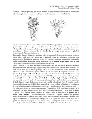IES HORTICULTURA I JARDINERIA. REUS
                                                                Seminari de Medi Natural. J. Felip

Es tracta d´un bosc poc dens, en el qual pren un relleu especialíssim i vistent un doble estrat
arbustiu amplament dominat pel nabiu (a sota a l´esquerra) i el neret (a la dreta)




En els vessants solells, el neret arriba a mancar totalment, per contra, es fa més abundant el
ginebró i fins arriben a aparèixer la boixerola i la ussona (Festuca scoparia), espècies
relacionables amb estatges inferiors que pugen fins al subalpí en aquestes zones més
assolellades i llavors parlem de la pineda de pi negre amb ussona i ginebró
(Arctostaphylo-Pinetum uncinatae).
Tanmateix, algunes d´aquestes pinedes, més vicinants amb la zona altimontana, tenen un
estrat arbori molt més ric i dens, en el qual, al costat del pi negre, prosperen prou
abundantment el pi rog i el sotabosc, a son torn, presenta una més gran riquesa en espècies
herbàcies nemorals. Hom pot parlar, aleshores, de la pineda de pi negre amb pi roig
(Hylocomio-Pinetum catalaunicae pinetosum uncinatae).
Ben a l´inrevés, a les àrees de clima oceànic (Vall d´Aran, alt Pallars Sobirà) i també a
Andorra (obacs) la pineda de pi negre s´enriqueix amb espècies aimants de la humitat i del
fred, fins el punt que el mateix pi negre relaxa la seva dominància i cedeix part de l´espai
arbori al bedoll comú i àdhuc (Vall d´Aran) bedoll pubescent. Hom parla, aleshores, de la
pineda de pi negre amb bedolls (Rhododendro-Pinetum uncinatae betulo-blechnetosum),
la qual arriba a esdevenir, en alguns punts de la Vall d´Aran i de la resta de la terra gascona,
un veritable bosc de bedolls, el bedollar subalpí típic (Thelypteridi-Betuletum
pubescentis), bosc de bedoll pubescent que cal no confondre amb els bosquetons secundaris
de bedoll comú propis de l´estatge altimontà i també del subalpí. Tant el bedollar subalpí
típic com la pineda amb bedolls duen un sotabosc ric en molses, nabiu i neret, i on fa acte
de presència algunes altres plantes característiques com el blècnum (Blechnum spicant).
Els substrats calcaris no resulten favorables a l´establiment de la pineda de pi negre. Això
no obstant, en bons obacs calcaris del Cadí (Alt Urgell i Berguedà) i de la Vall de Ribes
(Ripollès), així com en punts comptats d´Andorra, ariba a constituir-se la pineda de pi
negre amb seslèria (Pulsatillo-Pinetum uncinatae). Aquesta pineda es presenta
normalment òrfana d´espècies acidòfiles com el neret o el nabiu. Per contra, conserva força
espècies indiferents de les vistes per a la pineda de pi negre amb neret, com la moixera de
guilla, les piroles, la majoria de les molses, etc., i s´enriqueix amb la seslèria (Sesleria
coerulea), amb la pulsatil·la blanca (Pulsatilla alpina) i fins amb mates de boix.




                                                                                               81
 