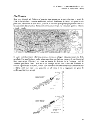 IES HORTICULTURA I JARDINERIA. REUS
                                                               Seminari de Medi Natural. J. Felip




Els Pirineus
Hom poot distingir als Pirineus, d´una part tres sectors que se succeeixen en el sentit de
l´eix de la serralada, Pirineus occidentals, centrals i orientals; i d´altra, tres grans zones
paral·leles, ordenades de nord a sud, que són la serralada principal (regió pirinenca axial) i
les dues series de serres i de depressions secundàries (regió pre-pirinenca) que s´hi extenen
a banda i banda.




El sector central pirinenc, o Pirineus centrals, correspon a la part més enasprada i alta de la
serralada. Els seus límits es poden situar, per fixar-los d´alguna manera, al pic d´Anie (al
límit entre Aragó i Navarra) pel costat de ponent, i a la fossa de la Cerdanya i coll de
Pimorent pel costat català. Hom hi ha de distingir encara dues zones ben diferents: el
vessant septentrional o atlàntic, sotmès a un clima francament humit i el vessant meridional
o ibèric, molt més sec i que presenta, en el clima i en la vegetació, un grau de
mediterraneïtat força acusat.




                                                                                              86
 
