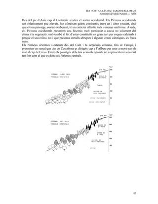 IES HORTICULTURA I JARDINERIA. REUS
                                                               Seminari de Medi Natural. J. Felip

Des del pic d´Anie cap al Cantàbric s´estén el sector occidental. Els Pirineus occidentals
són relativament poc elevats. No ofereixen gaires contrastos entre un i altre vessant, sinò
que el seu paisatge, sovint exuberant, té un caràcter atlàntic més o menys uniforme. A més,
els Pirineus occidentals presenten una fesomia molt particular a causa no solament del
clima i la vegetació, sinò també al fet d´estar constituïts en gran part per roques calcinals i
perquè el seu relleu, tot i que presenta cretalls abruptes i algunes zones càrstiques, és força
suau.
Els Pirineus orientals s´estenen des del Cadí i la depressió cerdana, fins al Canigó, i
presenten un ramal que des de Costabona es dirigeix cap a l´Albera per anar a morir ran de
mar al cap de Creus. Entre els paisatges dels dos vessants oposats no es presenta un contrast
tan fort com el que es dóna als Pirienus centrals.




                                                                                              87
 